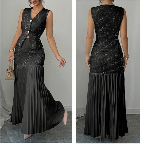 Classic Solid Botton Vest High Waisted Maxi Skirt Set - Picture 2 of 3